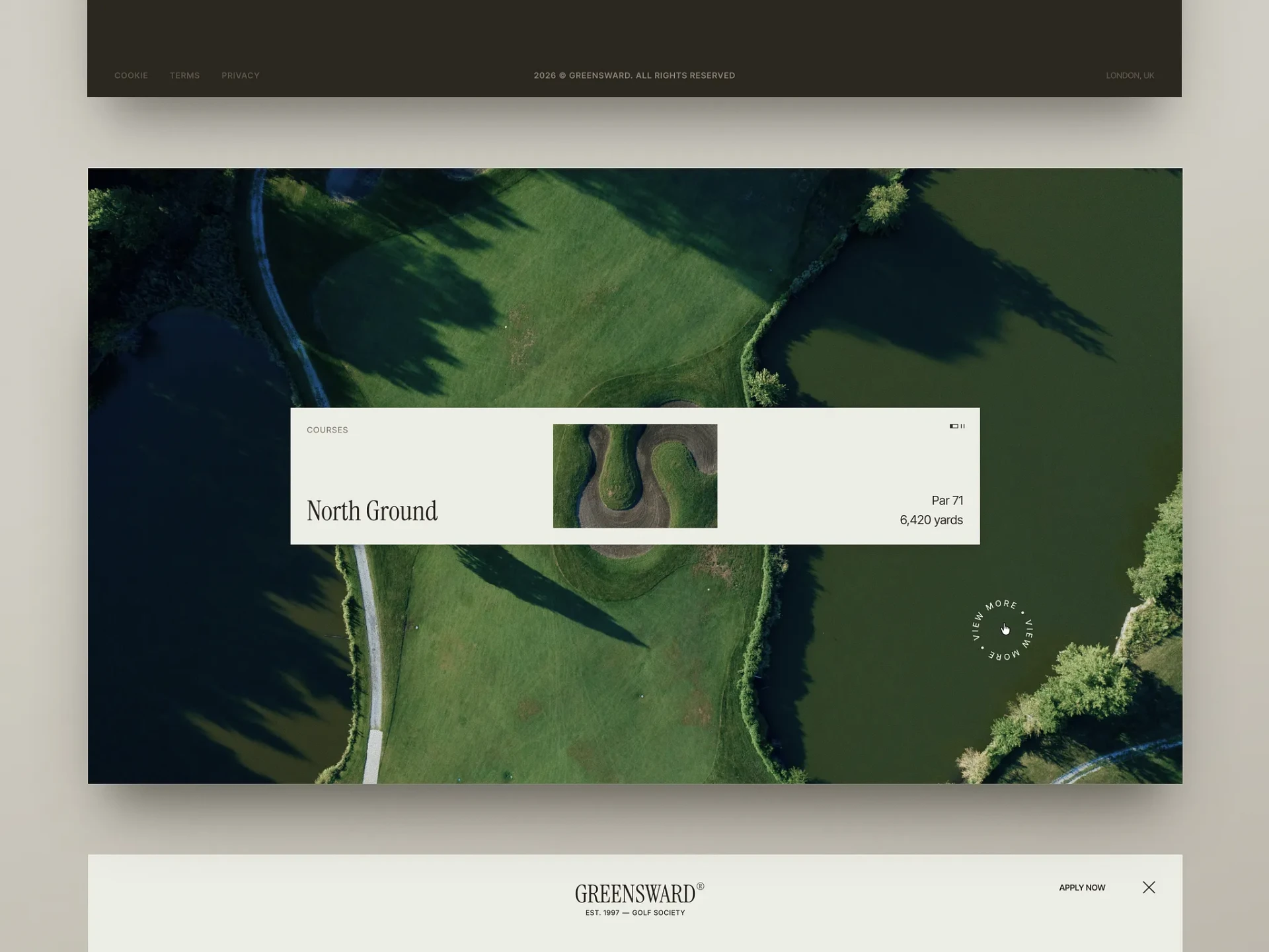 Courses view — an aerial course canvas with a quiet information card for each ground.