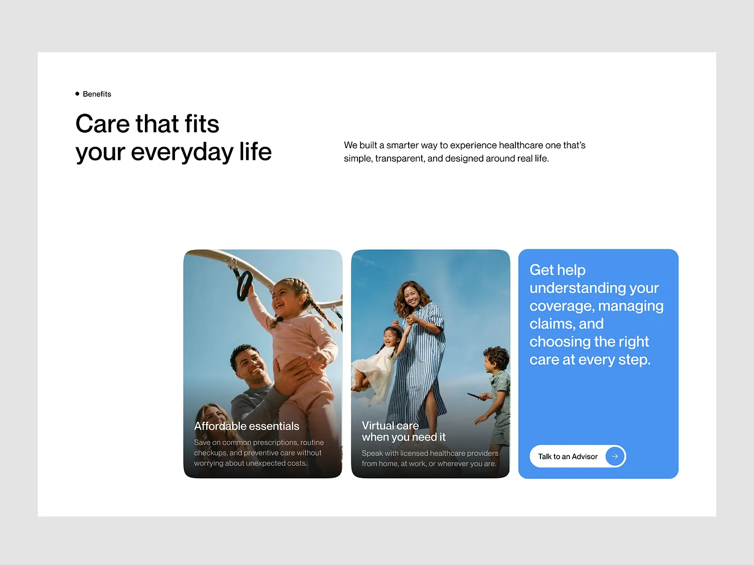 Benefits system — editorial cards with a persistent advisor CTA.