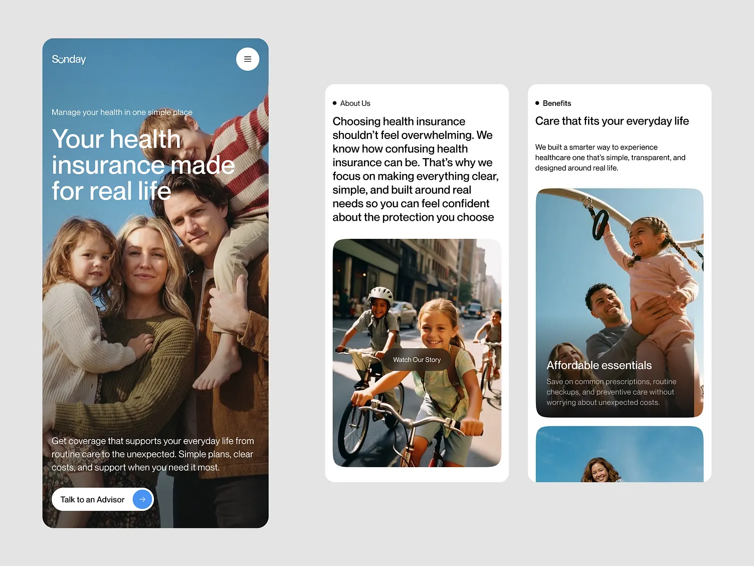 Mobile first screens — one-thumb navigation across the whole journey.